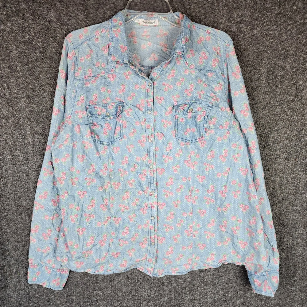 Maurices Top Womens 2 Western Pearl Snap Blue Pink Floral Polka Dot EUC